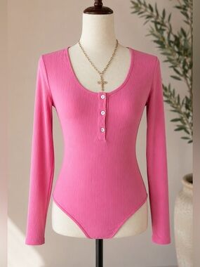 Women's Pink Ribbed Long-Sleeve Henley Bodysuit